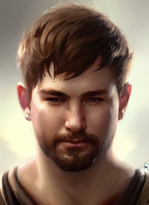 Prompt: a _ fantasy _ style _ portrait _ painting _ of chubby white male very short hair short stubble, brown hair, rpg dnd oil _ painting _ unreal _ 5 _ daz. _ rpg _ portrait _ extremely _ detailed _ artgerm _ greg _ rutkowski _ greg