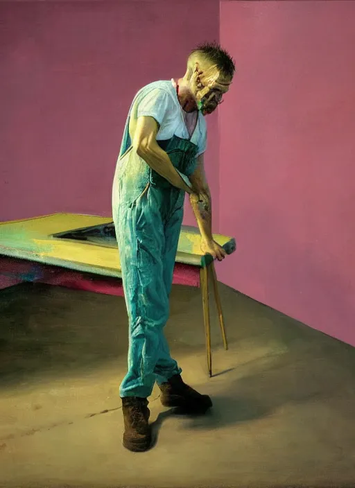 Image similar to an insane, skinny, artist wearing torn overalls, expressive emotions, painting inside a grand messy studio, depth of field, hauntingly surreal, highly detailed oil painting, by francis bacon, edward hopper, adrian ghenie, glenn brown, soft light 4 k in pink, green and blue colour palette, cinematic composition, cinematic lighting, high quality octane render, masterpiece