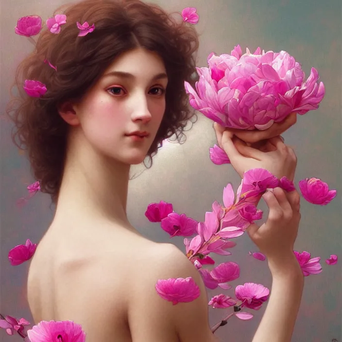 Image similar to a wonderful goddess with the body made of pink petals, intricate, elegant, highly detailed, wonderful eyes, sweet, digital painting, artstation, concept art, smooth, sharp focus, illustration, art by artgerm and greg rutkowski and alphonse mucha and william - adolphe bouguereau