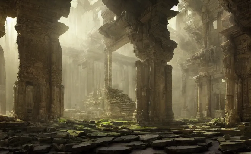 Image similar to The interior of an mytical and ancient temple in ruins, intricate, elegant, volumetric lighting, digital painting, highly detailed, artstation, sharp focus, illustration, concept art, ruan jia, steve mccurry