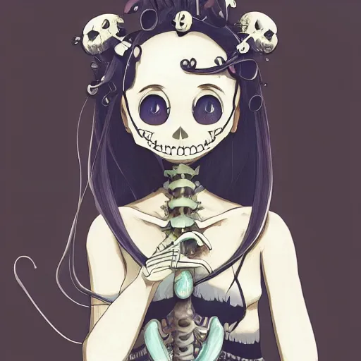 Image similar to manga fine details portrait of joyful skull girl, floeers in hair, Lizz Truss, skeleton. anime masterpiece by Studio Ghibli. 8k render, sharp high quality anime illustration in style of Ghibli, artstation