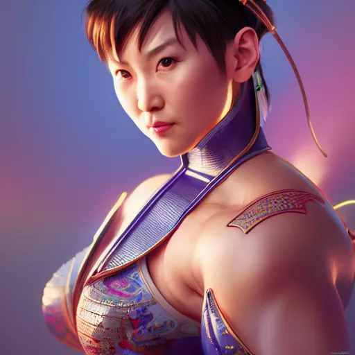 Image similar to portrait of chun li, au naturel, hyper detailed, digital art, trending in artstation, cinematic lighting, studio quality, smooth render, unreal engine 5 rendered, octane rendered, art style by klimt and nixeu and ian sprigger and wlop and krenz cushart.