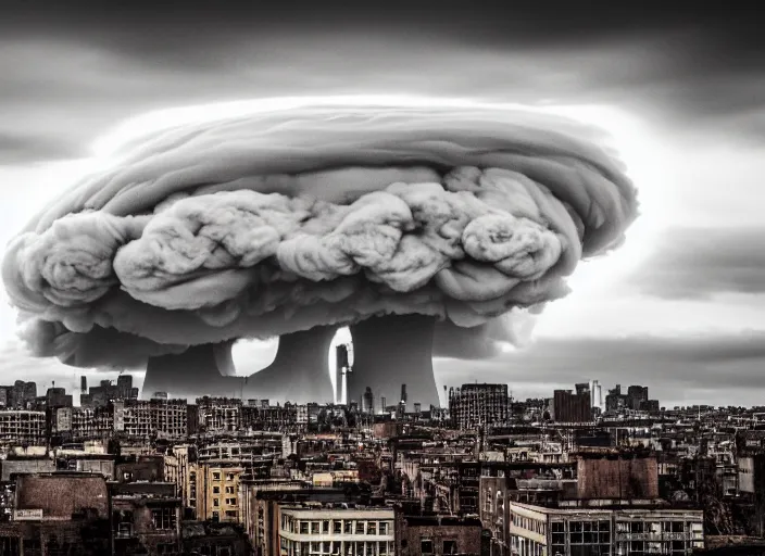 Image similar to nuclear cloud in the city . Horror dystopia style. Highly detailed 8k. Intricate. Nikon d850 300mm. Award winning photography.