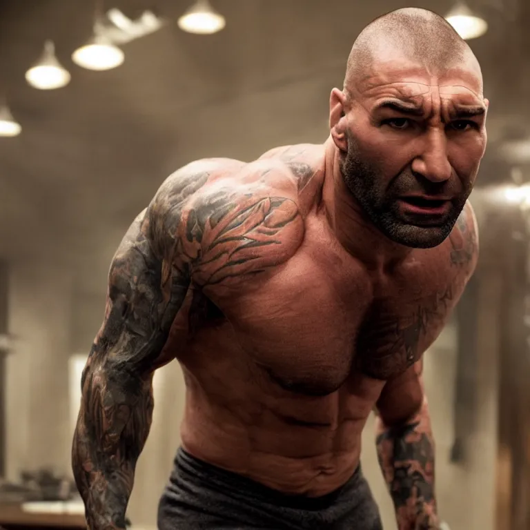 Image similar to dave bautista as calendar man, movie still, 8 k, hdr, atmospheric lighting