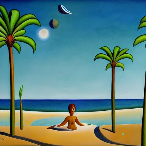 Image similar to a ultradetailed beautiful painting of amazonas beach by tarsila do amaral, major arcana mason sparkles sky, dougherty patrick, trending on artstation, mediterranean, palm trees, light sparkles, major arcana sky, sharp focus, soft light