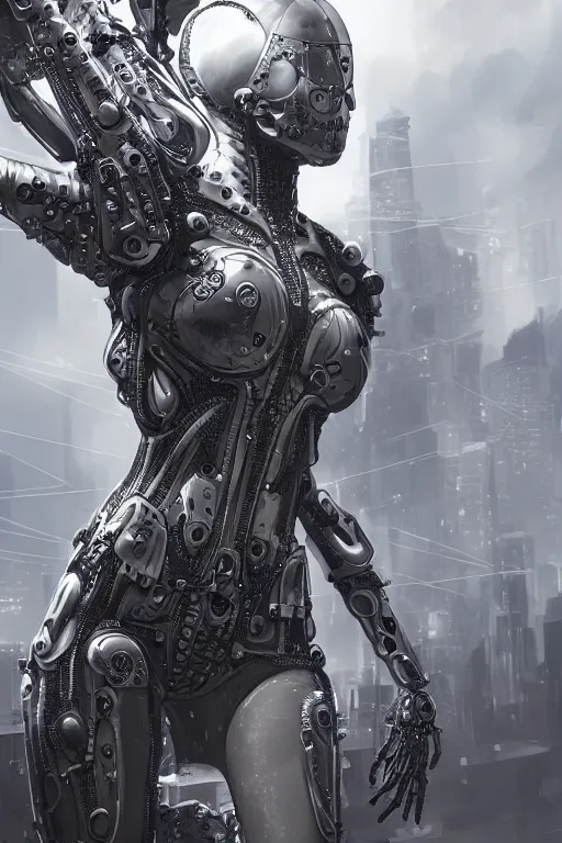 Prompt: ultra realist and ultra intricate detailed soft painting of an armored female with cyber biomechanical spider like body, symmetry features, sensual gloomy style, volumetric clouds, cyberpunk background, artstation, unreal render, depth of field