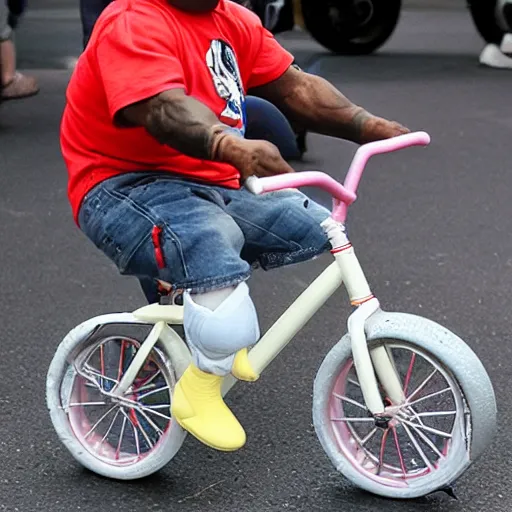 Prompt: mike tyson riding a tiny clown bike