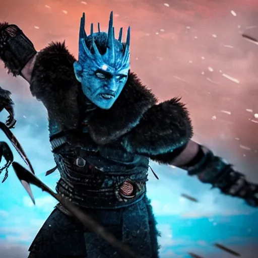 Image similar to justin sun as night king versus huge crimson - black warrior bee, 4 k, epic, cinematic, focus, movie still, fantasy, extreme detail, atmospheric, dark colour, sharp focus