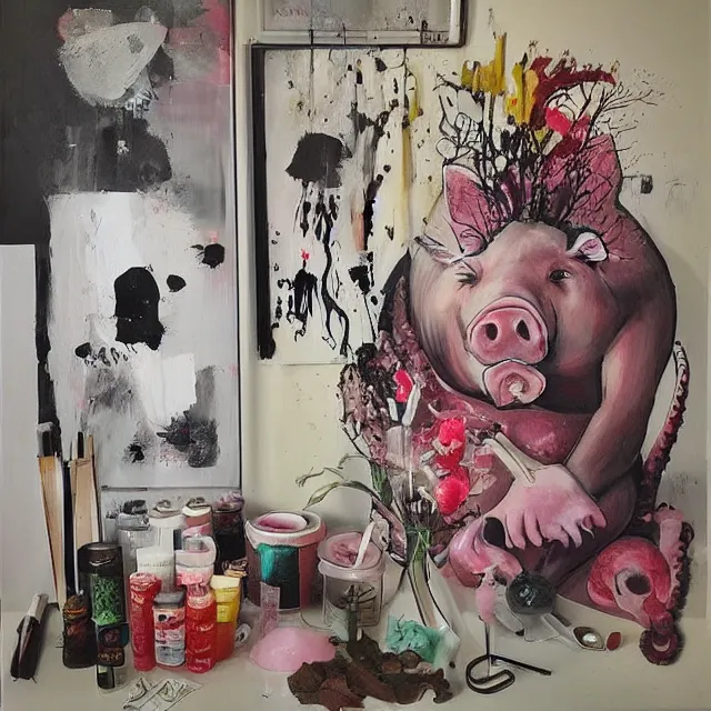 Image similar to “ a portrait in a female art student ’ s apartment, sensual, a pig theme, pork cuts, art supplies, edo, surgical iv bag, octopus, ikebana, herbs, a candle dripping white wax, squashed berries, berry juice drips, acrylic and spray paint and oilstick on canvas, surrealism, neoexpressionism ”