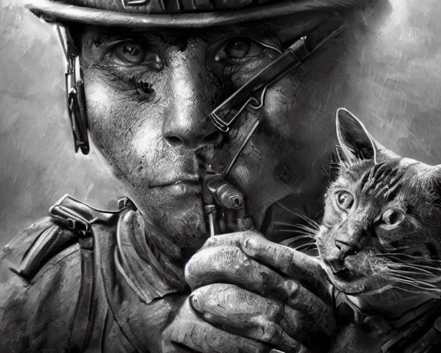 Image similar to A soldier with a hateful face aiming a machine gun towards a cat, world war 1, close-up, realistic face, beautiful face detail, mature facial features, black and white, amazing digital art, hyper detailed, artstation, in the style of Tony Sart