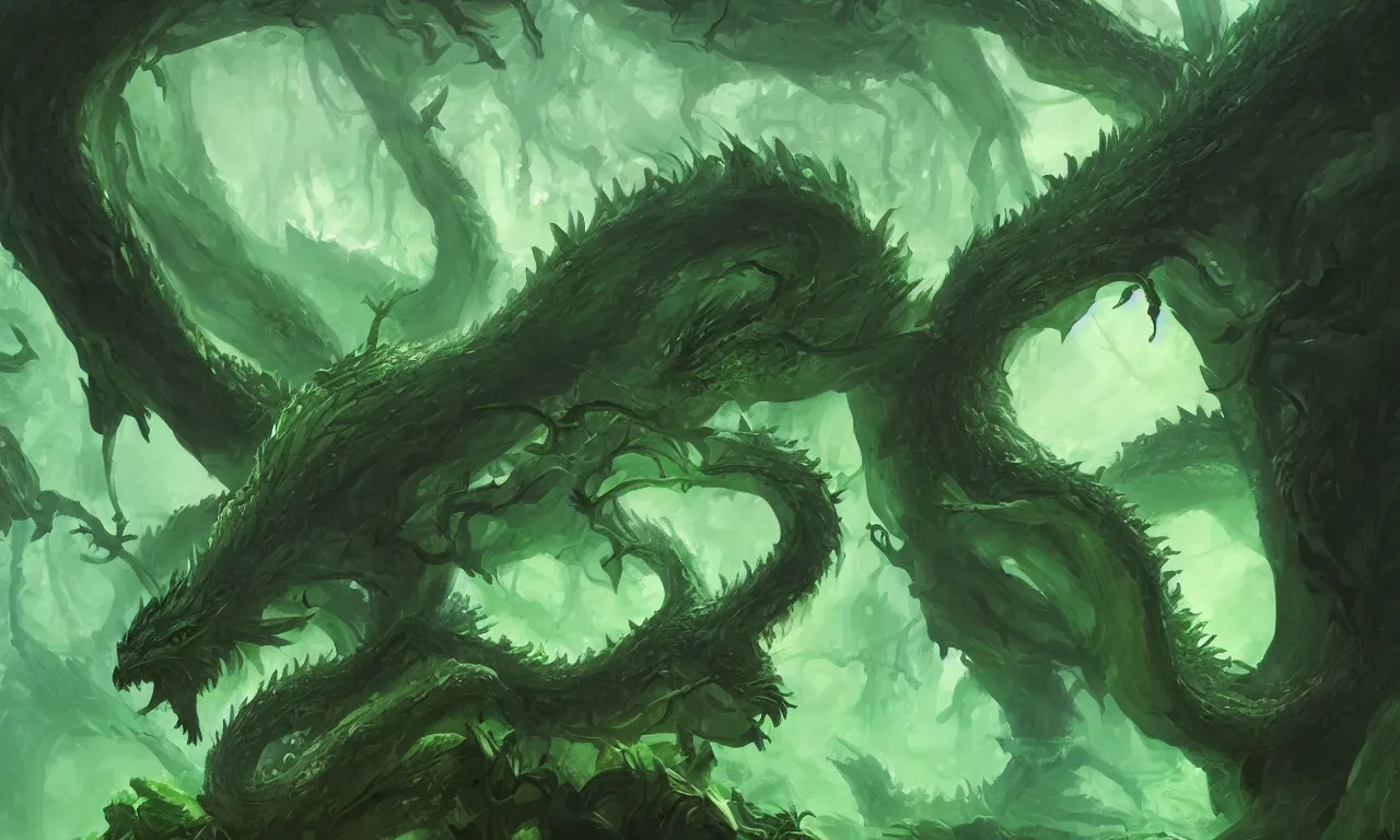 Prompt: Fantasy Green dragon in forest, trending on artstation, 50mm, by Noah Bradley