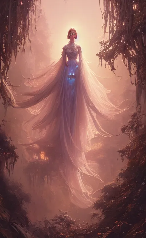 Image similar to highly detailed portrait of beautiful ethereal woman in ornate clothing, stephen bliss, unreal engine, fantasy art by greg rutkowski, loish, rhads, ferdinand knab, makoto shinkai and lois van baarle, ilya kuvshinov, rossdraws, tom bagshaw, global illumination, radiant light, detailed and intricate environment