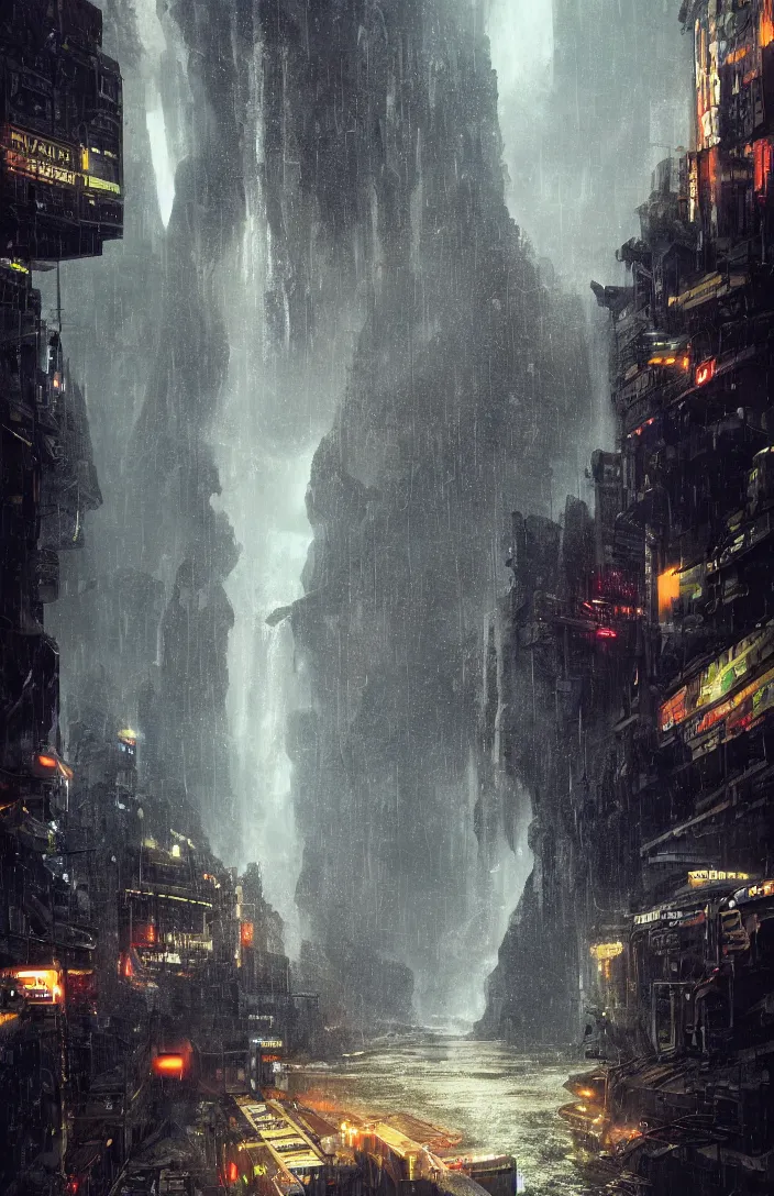 Image similar to a highly detailed blade runner cyberpunk on the edge of a waterfall, detailed, hyperreal phantastic, intricate details in environment, luminance, golden ratio, high aestehtic, cinematic light, dramatic light, godrays, distance, photobash, wideangle, bierstadt, hyperreal 4 k