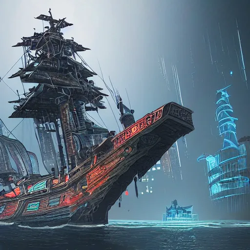 Image similar to an epic looking cyberpunk pirate ship, highly detailed digital art