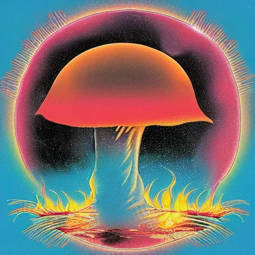 Image similar to 8 0 s new age album cover depicting a mushroom cloud in the shape of guy fieri, very peaceful mood