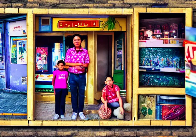 Image similar to home photography portrait, A shopkeeper guy of the SHOME and his family , floor, signboards , poster ; summer, Color VHS picture quality with mixed noise