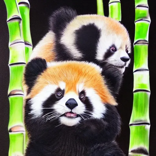 Prompt: animal friends cute fluffy baby red panda and cute fluffy black and white baby panda together with bamboo background, detailed 4k painting in the style of mark brooks