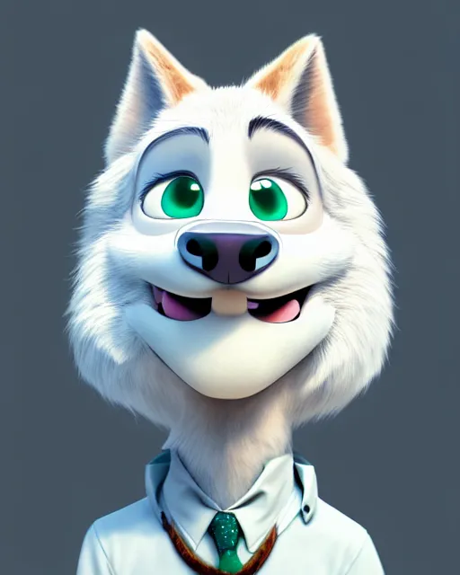 Image similar to portrait of cute anthropomorph white wolf in the style of zootopia, volumetric light, artstation, concept art, 8 k, high detail, perfect