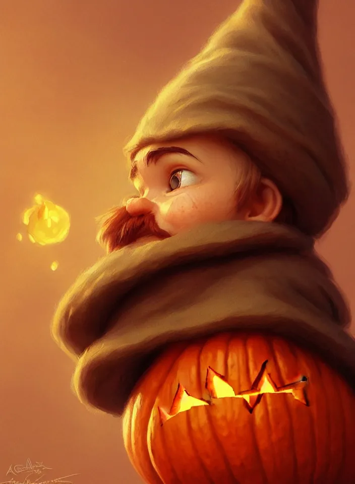 Image similar to hand drawn cute one gnomes face in autumn and pumpkin, detailed closeup face, concept art, low angle, high detail, warm lighting, volumetric, godrays, vivid, beautiful, trending on artstation, art by artgerm and greg rutkowski and alphonse mucha