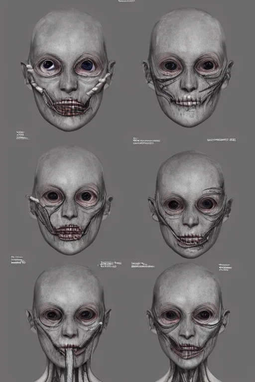 Image similar to french facial anatomy with gunmetal grey skin, medical anatomy, very symmetrical face, highly detailed, three - perspective / three - view reference sheet ( front / back / side ), in the style of dan ouellette, steven jung, amanda lilleston, hr giger, sil from species, dren from splice, mecha, artstation, unreal engine