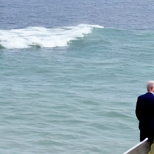 Prompt: a far away shot of Joe Biden in the ocean