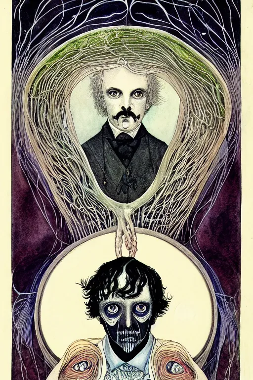 Prompt: realistic symmetrical portrait of edgar allen poe in the center of a frame of anatomical hearts, detailed art by kay nielsen and walter crane, illustration style, watercolor