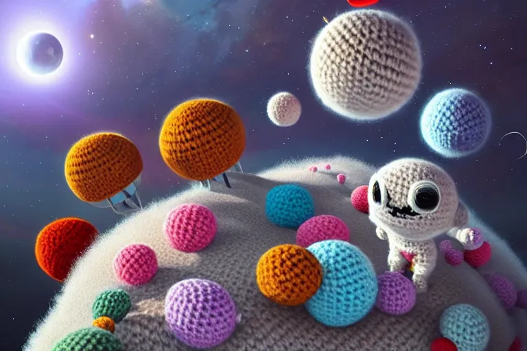 Image similar to an expedition of crochet astronauts discovering a new fluffy planet made out of yarn. cute, illustration, digital art, inspired by little big planet, by greg rutkowski, detailed, sharp, masterpiece, highly detailed, photorealistic, octane render, 8 k, unreal engine 5, trending on artstation