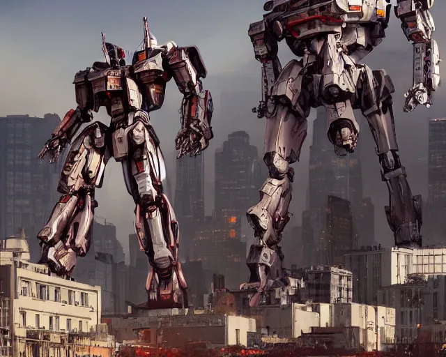 Prompt: a beautiful hyperrealistic ultradetailed 3D render of a gigantic mecha standing behinder the city, by brian sum and stephen martiniere and Antonio Manzanedo. mech, octane render, PBR, 3D, brilliantly colored, intricate, wide angle, volumetric lighting, polished, path tracing