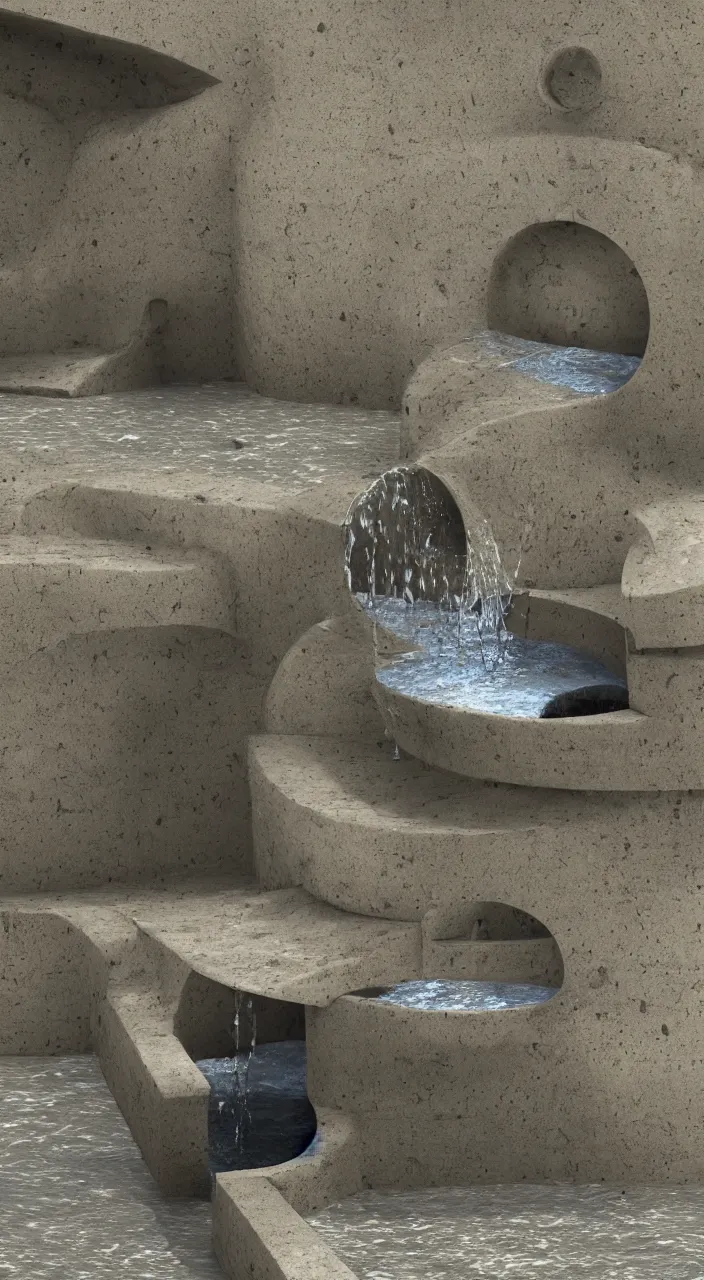 Prompt: a stream of water entering into a machine made from amphoras and producing a large coin, in the style of a carlo scarpa fountain, architectural 3 d render, isometric, engineering, dynamic lighting, clay texture, 8 k