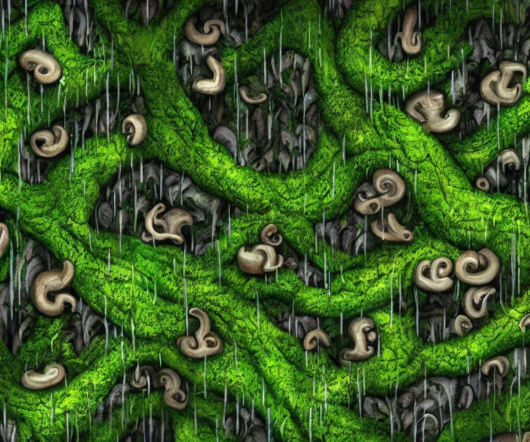 Prompt: a rainforest made of mushrooms, moss, and vines in the style of anti - art trending on artstation deviantart pinterest detailed high resolution hd 8 k