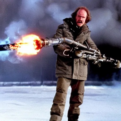 Image similar to movie still of harry kane with a flamethrower in the thing (1982), john carpenter, cinematic,