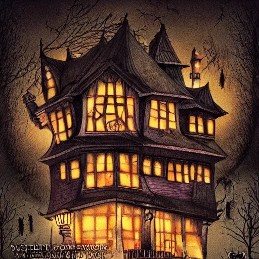 Image similar to scary view of a house in the nightmare realm in the style of studio ghibli, trending on artstation, detailed, scary, nightmare, studio ghibli