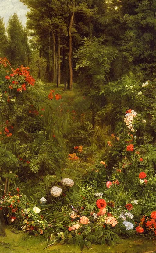 Prompt: artwork painting of a lush environment, flowers by grave by eugene von guerard, ivan shishkin