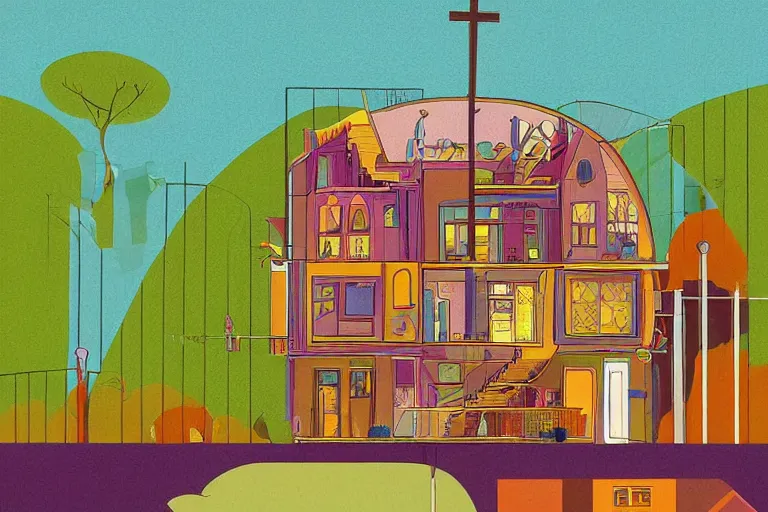 Prompt: a colorful 2 d illustration of a cross section of a house, a storybook illustration by muti and tim biskup, featured on dribble, arts and crafts movement, behance hd, storybook illustration, dynamic composition