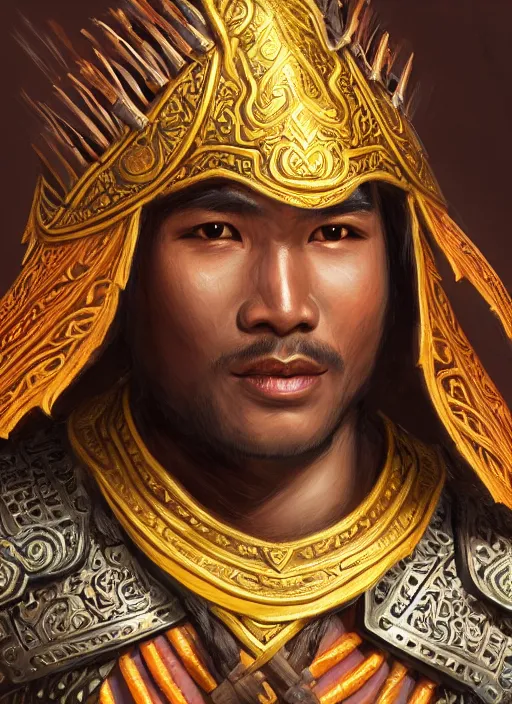 Image similar to smart tai warlord of yodia, closeup portrait, without beard and mustache, historical hero, ethnic group, tai costume, thai traditional bronze headdress, intricate, with leather armor cross on bare chest, elegant, loin cloth, highly detailed, oil painting, artstation, concept art, matte, sharp focus, illustration, hearthstone, art by earl norem