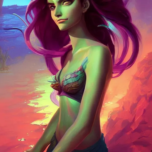 Image similar to female mermaid portrait, maya ali mage, gloomhaven, dynamic lighting, gaudy colors, octane render aesthetic, matte painting concept art, official fanart behance hd artstation by jesper ejsing, by rhads and makoto shinkai and lois van baarle and ilya kuvshinov and rossdraws