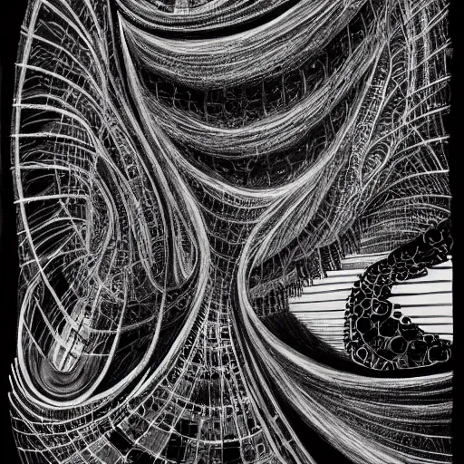 Image similar to abstract black and white concept art graphic painting illustrating kolmogorov complexity, overcomplicated, math inspired, hyper detailed, psychodelic, creepy