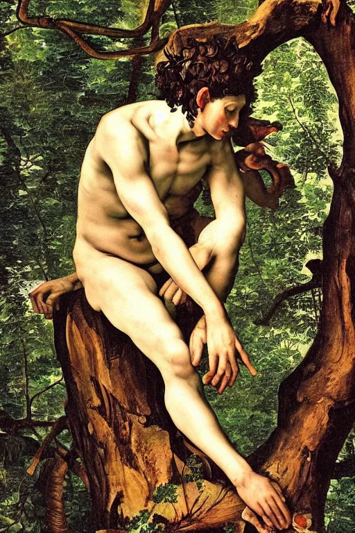 Image similar to a satyr sitting on a tree trunk in a forest, highly detailed and intricate, beautiful painting by Caravaggio