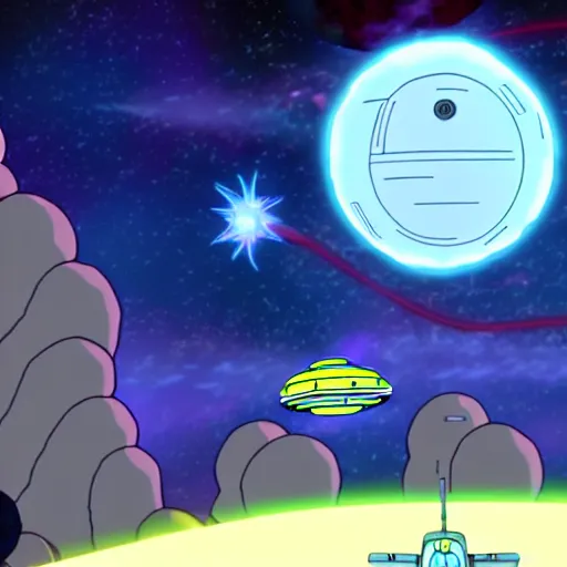 Image similar to screenshot rick and morty flying in their regular ufo in deep space, the death star explodes on background