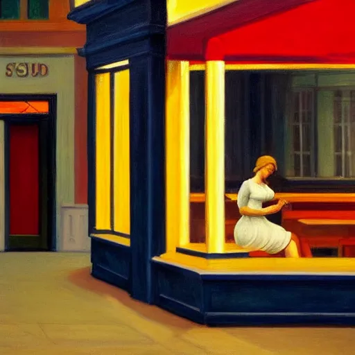 Image similar to a painting of a woman in front of a restaurant at night, in the style of Edward Hopper and Sandro Botticelli, 4k,