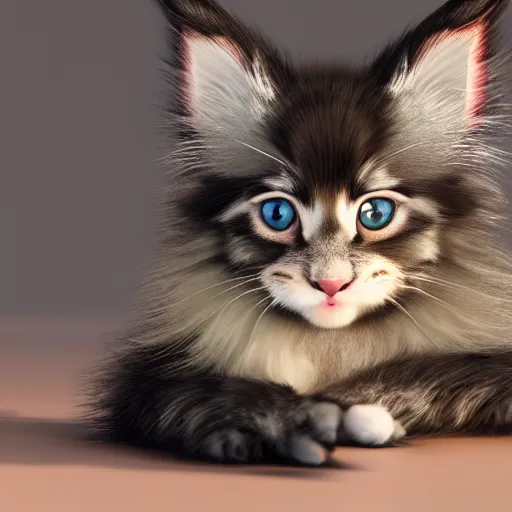 Image similar to eye - level view, a super cute maine coon kitten ate my homework in my room and woke up the next day smart, hilarious, funny, frenetic high energy, back to school comedy, cg animation, 3 d octane render, imax 7 0 mm, rtx,