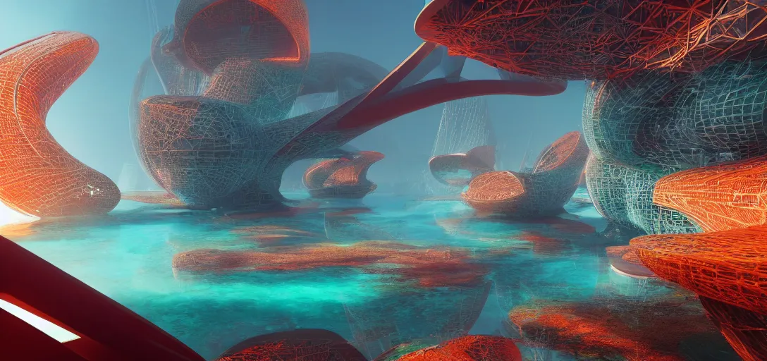 Prompt: highly detailed futuristic parametric architecture, vegetation, ground level view, puddles of turquoise water, foggy atmosphere, stunning sunny lighting, vivid colors, trending on artstation, 8 k, matte painting, ray tracing, hyper detailed, unreal engine 5, cinematic, epic lighting, cryengine, octane render, red and orange glow, vibrant