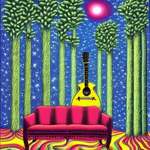 Prompt: psychedelic trippy couch spruce forest, planets, guitar, milky way, sofa, cartoon by rob gonsalves