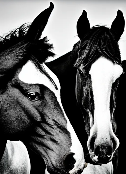 Image similar to two horses black and white portrait white sky in background