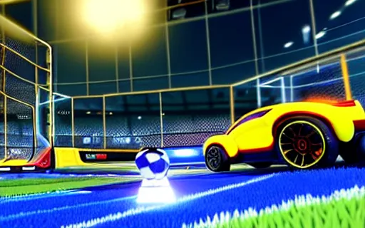 Image similar to rocket league, car soccer, boom, goal, demo, explosion, action shot, lens flares, rim light, raytracing, glow, haze, octane render, unreal engine, cinematic angle, dramatic lighting