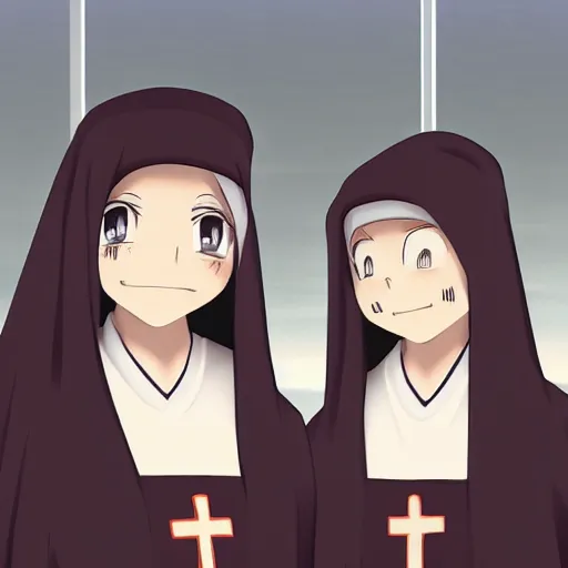 Prompt: two identical beautiful female nuns standing across from each other, dusky, clean detailed anime art