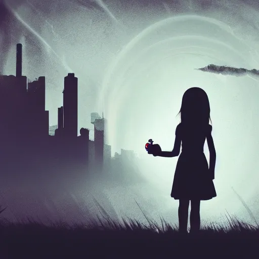 Image similar to digital art cyberpunk landscape silhouette of young girl holding a teddy bear in the foreground