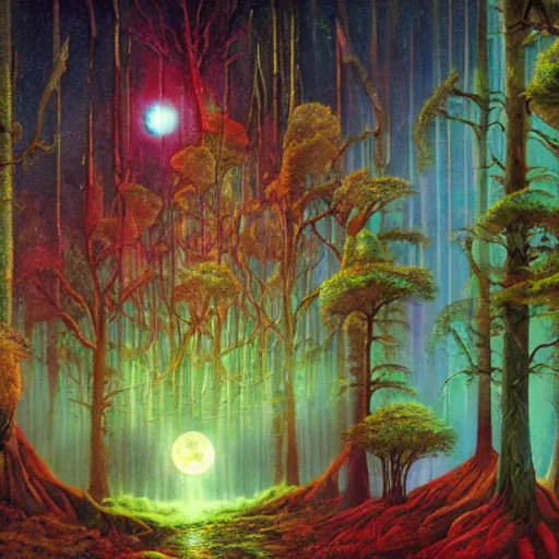 Prompt: moonlight forest in the silver serenade connects to the laced transmission symphony of the celestial psylocibin by ron walotsky and paul lehr