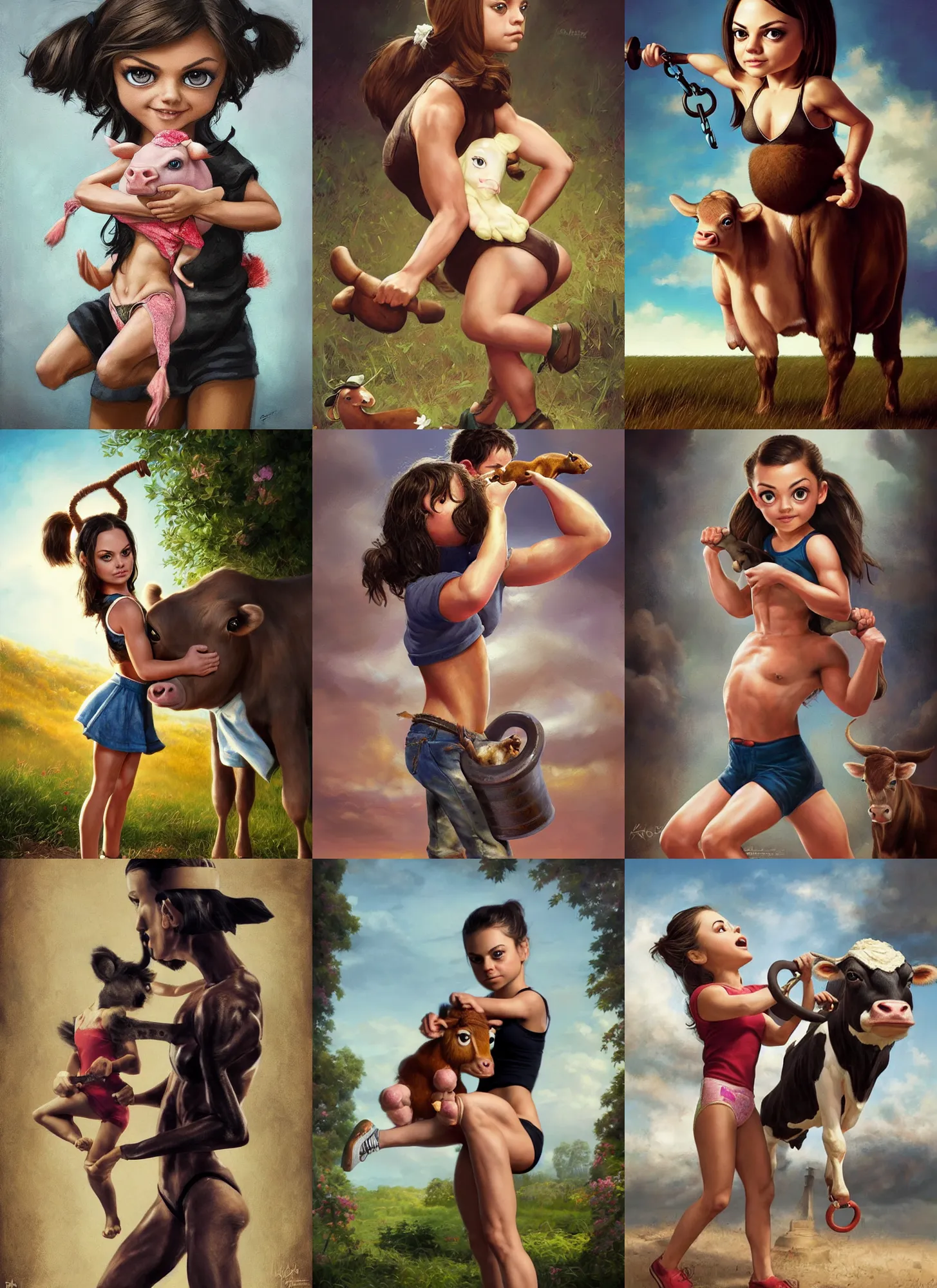 Prompt: little bodybuilder mila kunis lifting a cow, wlop, steve argyle, ilya kuvshinov, ralph horsley, rossdraw, mark ryden, daniel f. gerhartz, sophie anderson, lilia alvarado, tom chambers