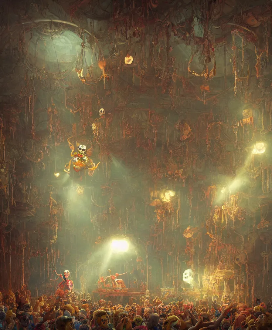 Image similar to skull clown inside a circus, illustrated by Simon Stålenhag and Gaston Bussiere, 35mm lens, rule of third, beautiful volumetric-lighting-style atmosphere, intricate, ultra detailed, photorealistic imagery, trending on artstation, 4k, 8k